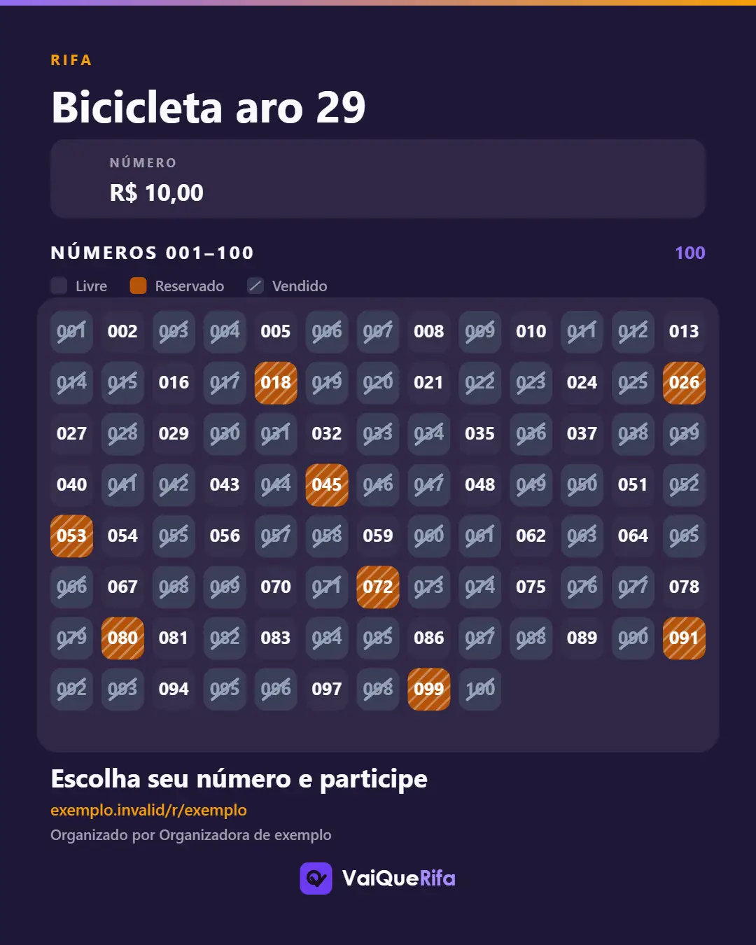 Arte retangular para feed: o nome da rifa, o valor de cada número e a grade dos 100 números com a legenda dos estados.