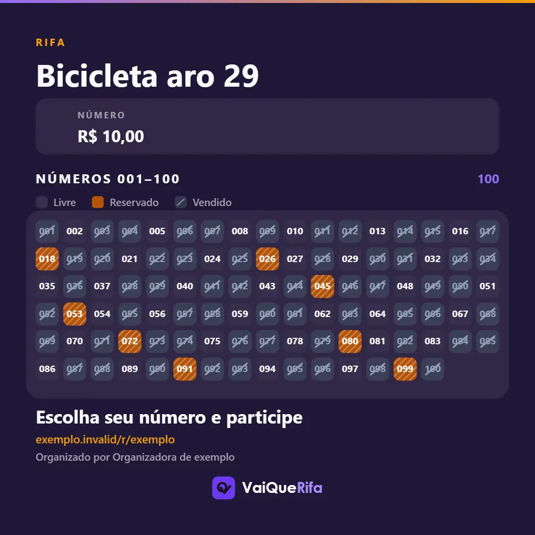 Arte quadrada para WhatsApp: o nome da rifa, o valor de cada número e a grade dos 100 números em formato compacto.